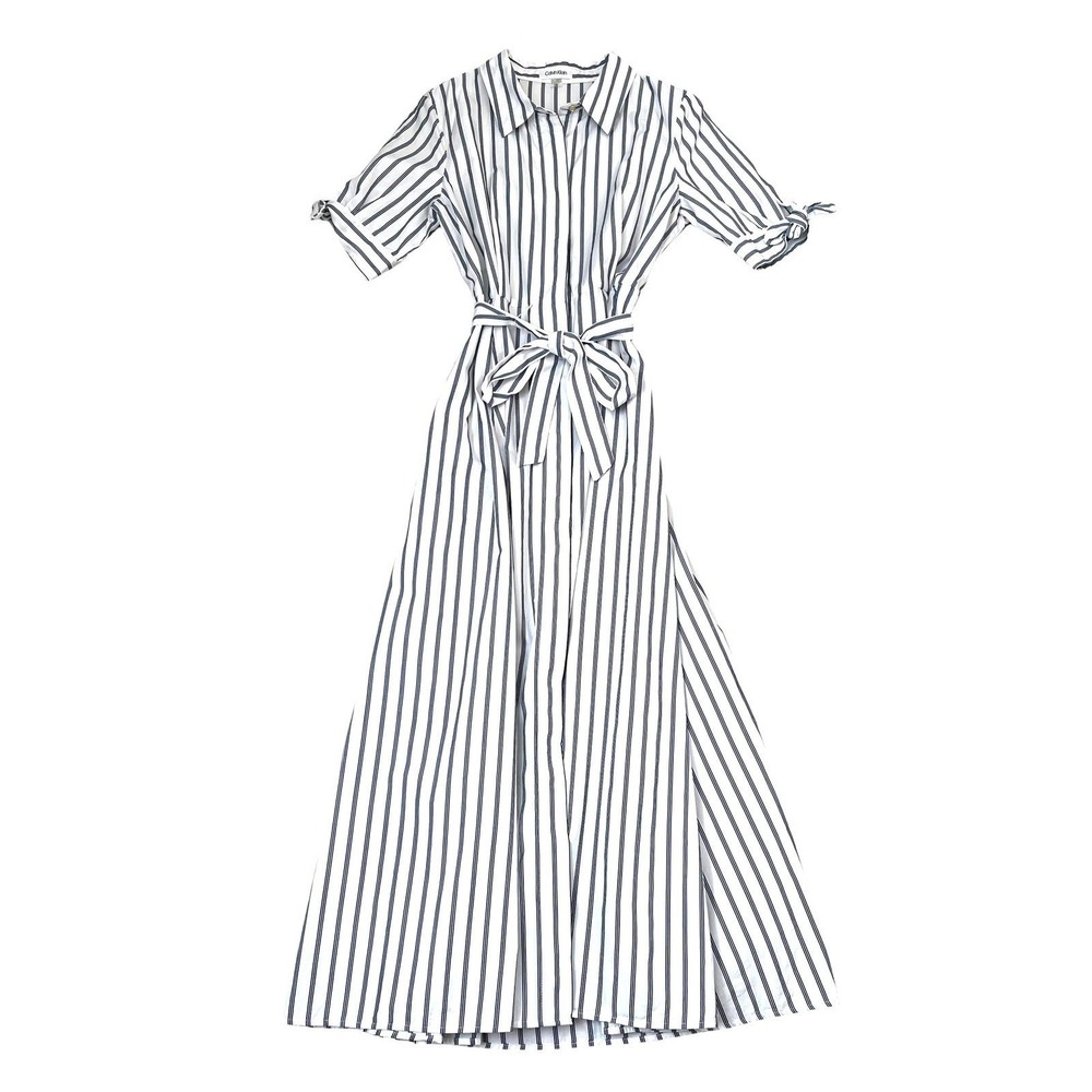 Calvin Klein Shirt Dress Women 8 Blue White Excellent Striped Midi Cotton Belted - Picture 14 of 16
